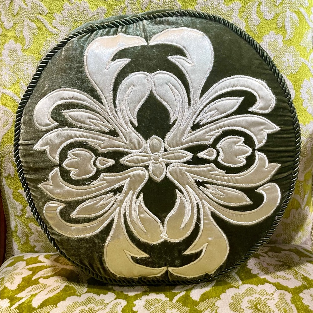 Nina Home by Nina Campbell 13” Round Pillow Velvet with Ivory Satin Appliqué